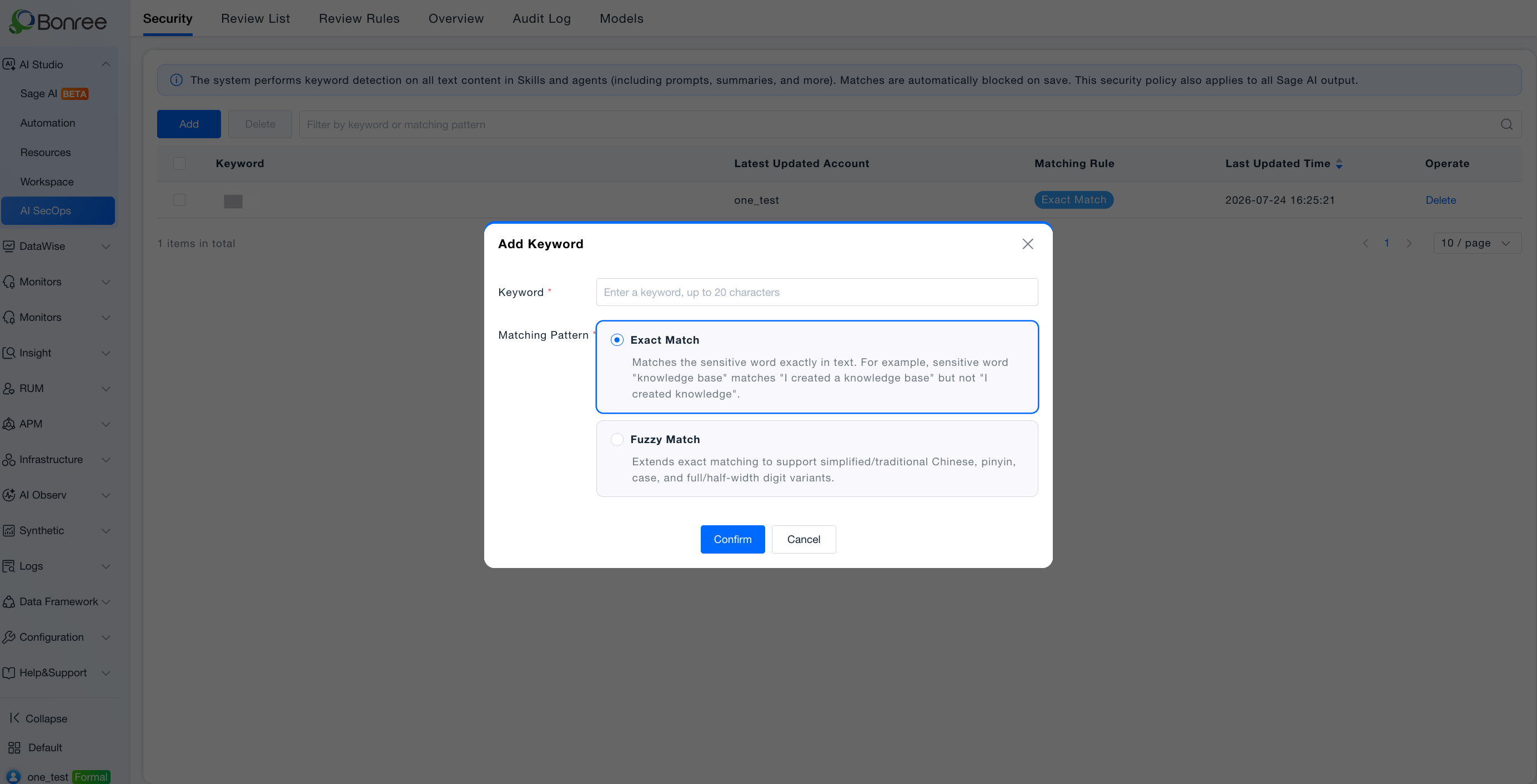 Add Keyword dialog